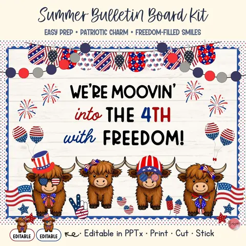 4th of July Bulletin Board Patriotic Highland Cow Classroom Decor