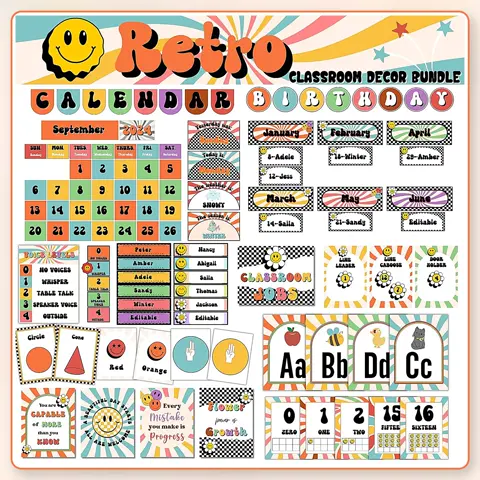 70s Theme Classroom Decor Bundle, Groovy Retro Editable Bulletin Board Kit