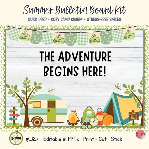 Adventure Bulletin Board Kit | Camping Theme Classroom Decor | Summer Door Display | Digital Download