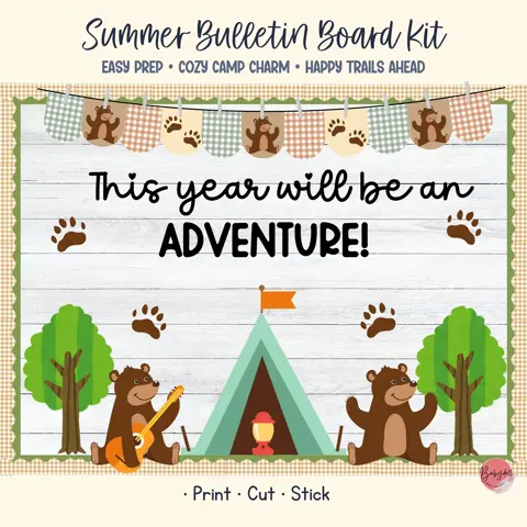 Adventure camping bulletin board kit for rustic summer elementary classroom and door decor