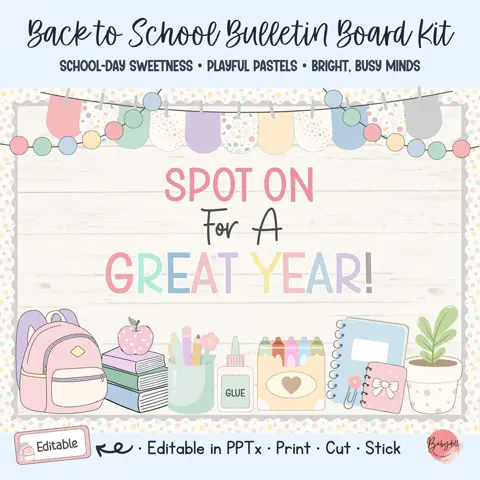 Back to school board kit with spotty pastel classroom decor and welcome display