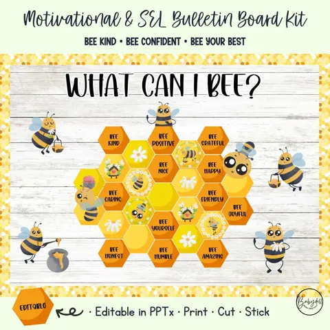 Bee Bulletin Kit Editable Honeycomb Spring Classroom Decor and Positive Door Display