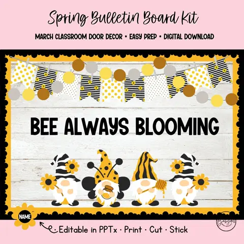 Bee Gnome Bulletin Board Kit for Spring Classroom Decor with Editable Name Tags