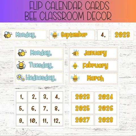 Bee Theme Flip Calendar Cards: Editable Classroom Decor