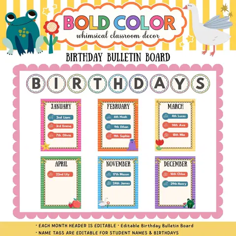 Birthday Bulletin Board Kit Editable Pastel Classroom Display with Name Tags