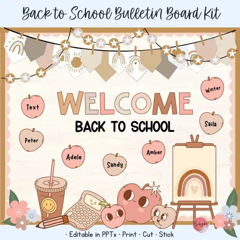 Boho bulletin board kit with neutral rainbow classroom decor and editable student name apples