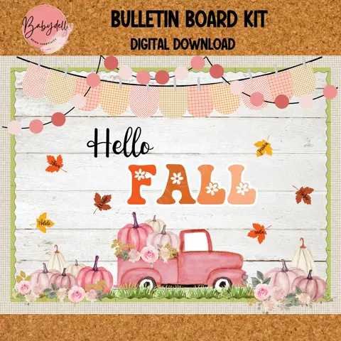 Boho Fall Bulletin Board Kit: Pink Pumpkin Truck Classroom Decor (Printable, Editable Text)