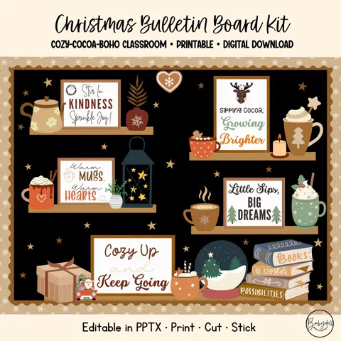 Boho Neutral Hot Cocoa Bulletin Board Kit, Printable Winter Classroom Decor & Door Display
