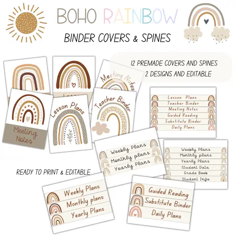 Boho Rainbow Binder Covers & Spines | Editable Teacher Organizer Set | Customizable Classroom Decor | Digital Download