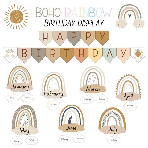 Boho Rainbow Birthday Display | Editable Classroom Birthday Chart | Calm Pastel Teacher Decor | Digital Download