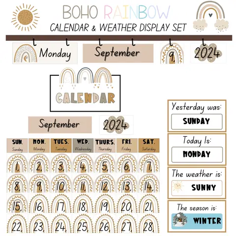 Boho Rainbow Classroom Calendar Kit: Pastel Teacher Decor