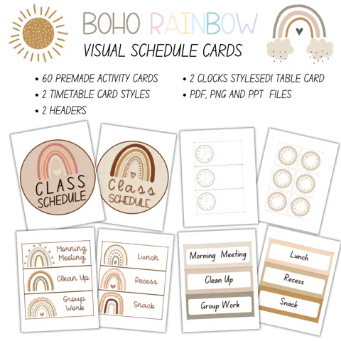 Boho Rainbow Classroom Schedule: Visual Daily Routine Cards
