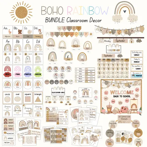 Boho Rainbow Decor, Neutral Earth Tone Classroom Bundle, Editable Back To School