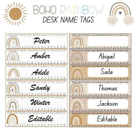 Boho Rainbow Desk Name Tags: Editable Classroom Decor