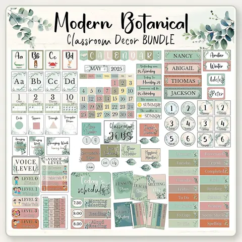 Botanical Decor Kit, Modern Eucalyptus Classroom Theme, Neutral Boho Bundle