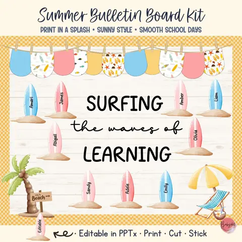 Bulletin board kit for summer with beach and surfboard classroom decor
