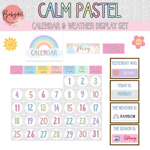 Calm Pastel Classroom Calendar and Weather Chart for Morning Meeting Decor