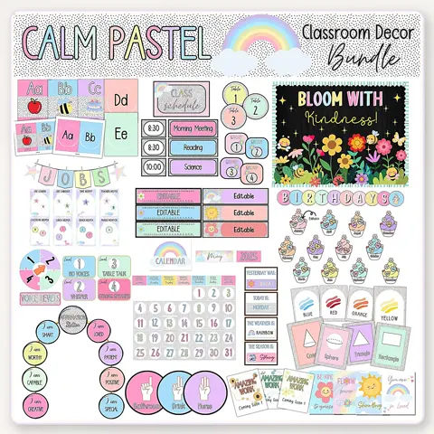 Calm Rainbow Decor, Pastel Classroom Bundle, Editable Kindness Bulletin Board Kit
