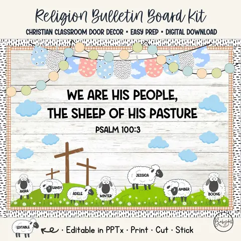 Christian Bulletin Board Kit for Sunday School and Spring Sheep Door Decor