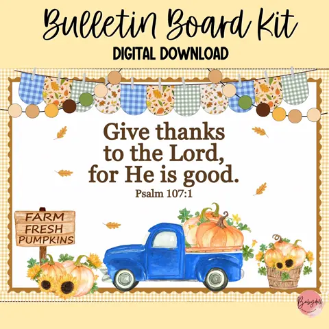 Christian Fall Bulletin Board Kit: Farmhouse Pumpkin Truck, Bible Verse Printables