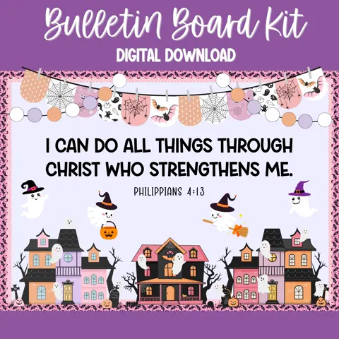 Christian Halloween Bulletin Board Kit with Bible Verse, Faith Based Fall Decor for Sunday School or Classroom, Religious Printable Wall Art