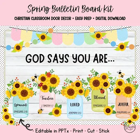 Christian Spring Kit for Sunday School Decor with Sunflower Mason Jars and Bible Verses