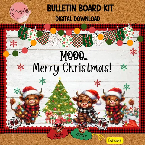 Christmas Bulletin Board | Highland Cow Merry Christmas Door Decor | Winter Classroom Decoration Kit