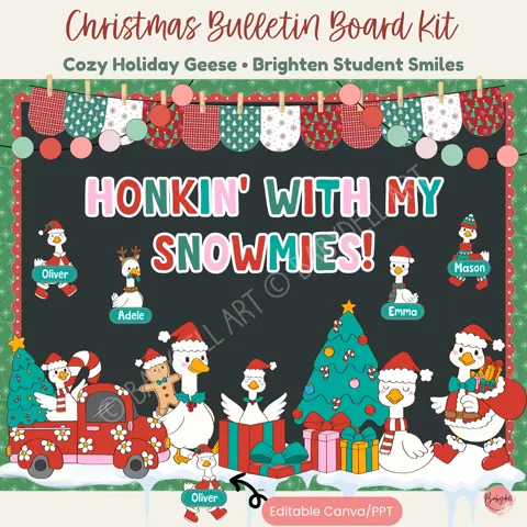 Christmas Bulletin Board Kit Editable Goose Classroom Decor with Custom Name Tags