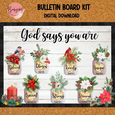 Christmas Bulletin Board Kit: God Says You Are, Winter Christian Decor (Digital Download)
