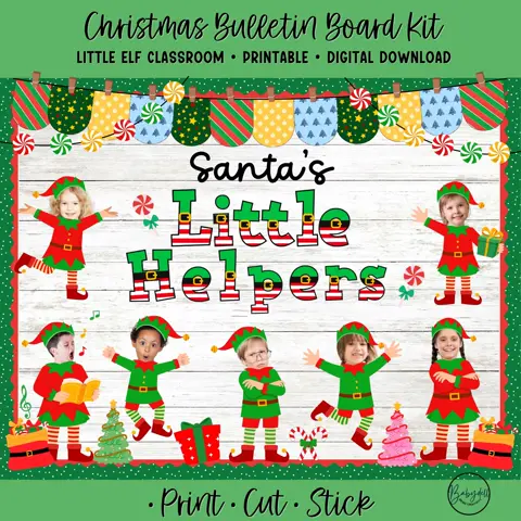 Christmas Elf Bulletin Board Kit Printable Classroom Decor with Student Photo Cutouts