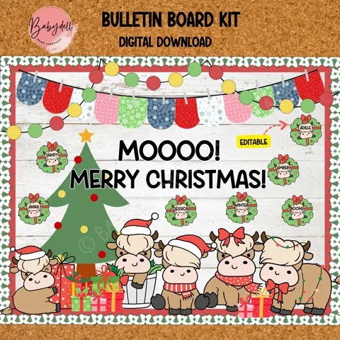 Christmas Highland Cow Bulletin Board Kit for Farmhouse Classroom
