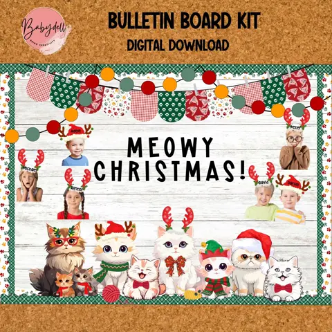 Christmas Santa Paws Bulletin Board Kit - Holiday Classroom Decor with Cats - December Christmas Theme