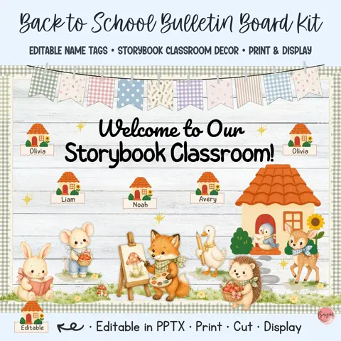 Classroom Bulletin Board Kit with Storybook Cottagecore Decor and Editable Name Tags