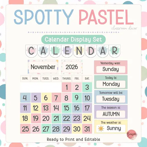 Classroom calendar set for morning meeting board spotty pastel pocket chart decor