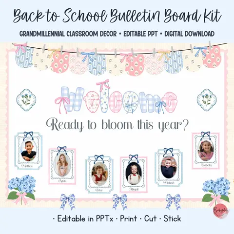 Coquette class decor and vintage floral bulletin board kit with student photo frames