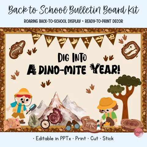 Dino bulletin board kit and paleontology classroom decor with editable explorer tags