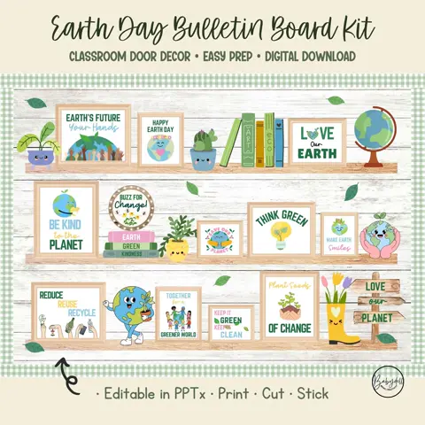 Earth Day Board Kit with Spring Bookshelf Decor for Elementary Classroom Door Displays