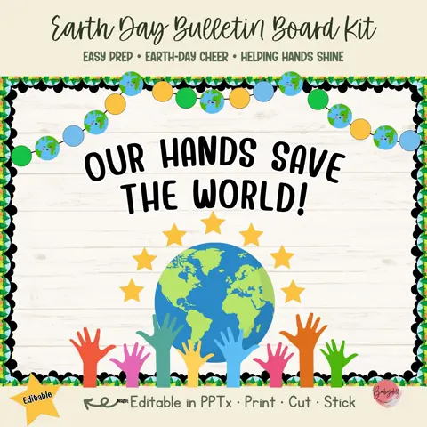 Earth Day bulletin board kit with colorful hands and editable student name tags