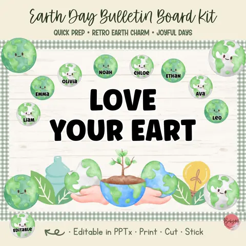 Earth Day Decor Retro Bulletin Board Kit With Editable Name Tags