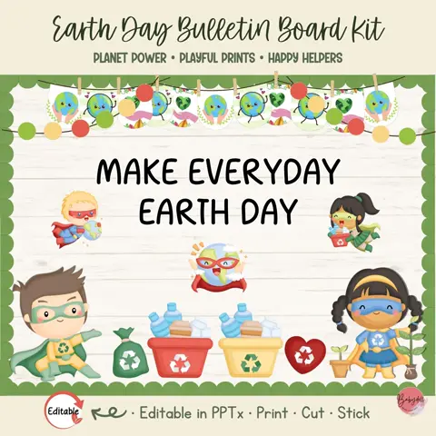 Earth Day superhero bulletin board kit with editable name tags for spring classroom decor
