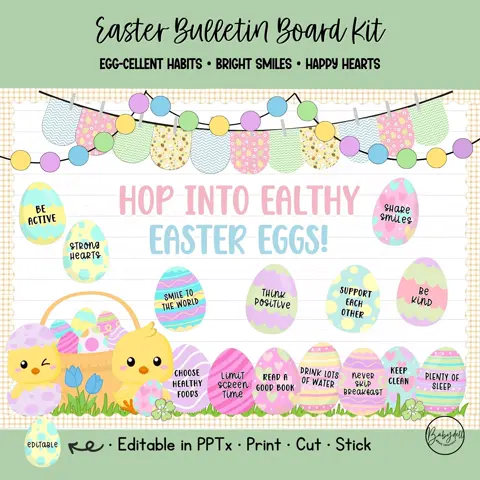Easter Bulletin Kit Healthy Habits School Nurse Decor Spring Door Display Editable Eggs