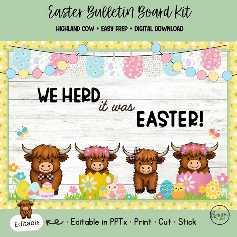 Easter Bulletin Kit Highland Cow Spring Classroom Door Decor Teacher Printable