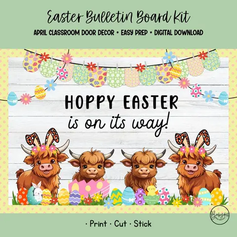 Easter Bulletin Kit with Highland Cows for Spring Classroom Decor and Door Display