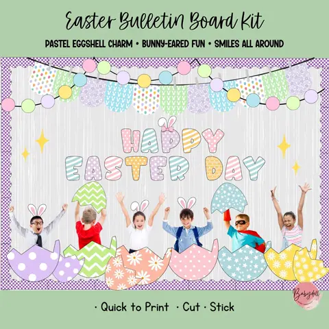 Easter Bulletin Kit with Student Photo Eggs for Spring Classroom Decor
