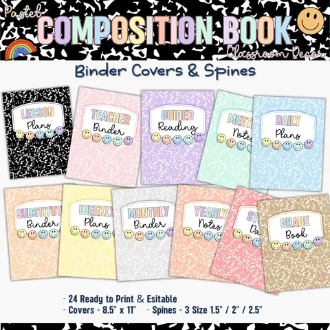 Editable Binder Covers and Spines Composition Book Theme Pastel Classroom Decor