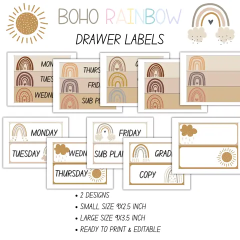 Editable Boho Rainbow Rolling Cart Labels 10 Drawer Classroom Decor