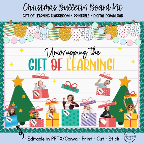 Editable "Gift of Learning" Christmas Bulletin Board Kit for a Personalized Classroom Display
