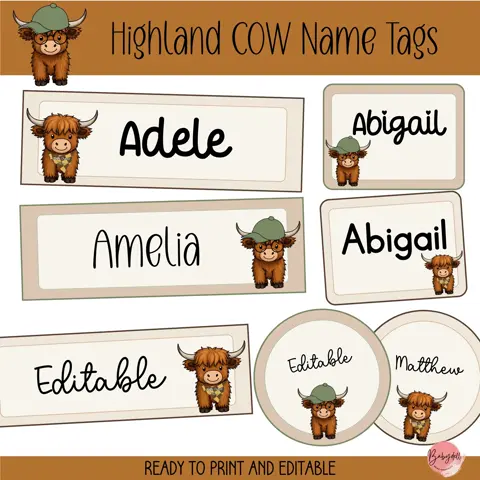Editable Highland Cow Name Tags: Classroom Decor, Cubby Labels (PDF, PPT, PNG Files Included)