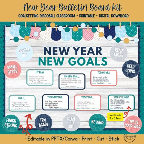 Editable New Year Goal Setting Bulletin Board Kit for a Groovy Classroom