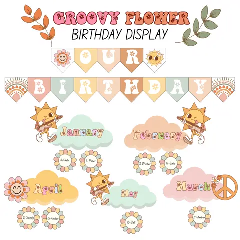 Editable Retro Groovy Birthday Bulletin Board Kit for Classroom Wall Decor